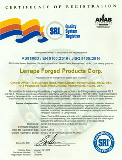 Certificate of Registration AS9100D / EN 9100:2016 / JISQ 9100:2016 - Click for larger PDF version